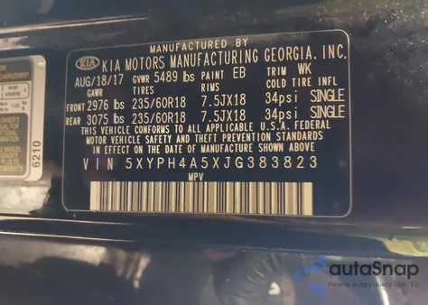 2018 Kia Sorento 3.3L Ex z USA, uszkodzony, nr VIN 5XYPH4A5XJG383823